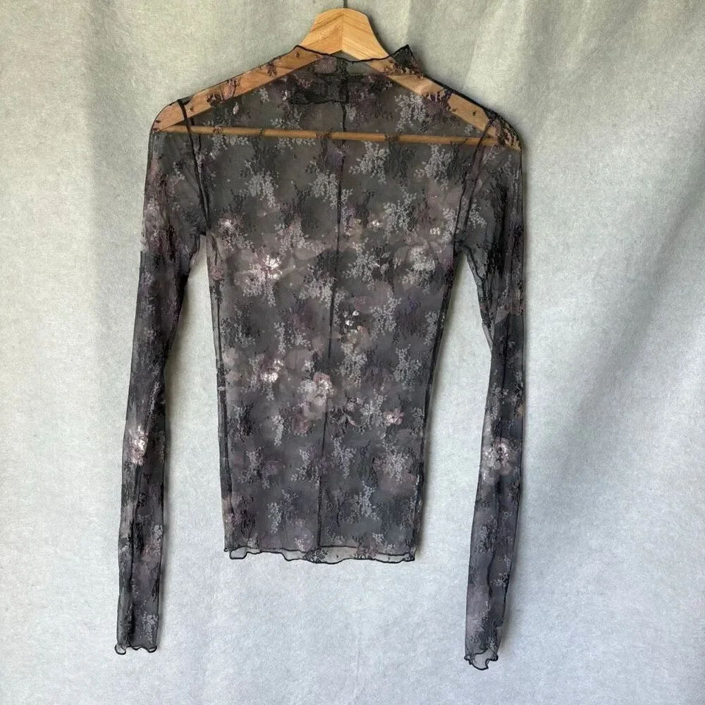 Free People Printed Lady Sheer Embroidered Top XS Gray Floral Grunge Whimsigoth